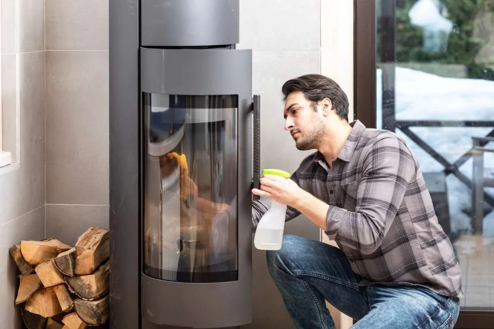 Ein Mann reinigt einen Kamin nach dem Ende der Heizperiode.